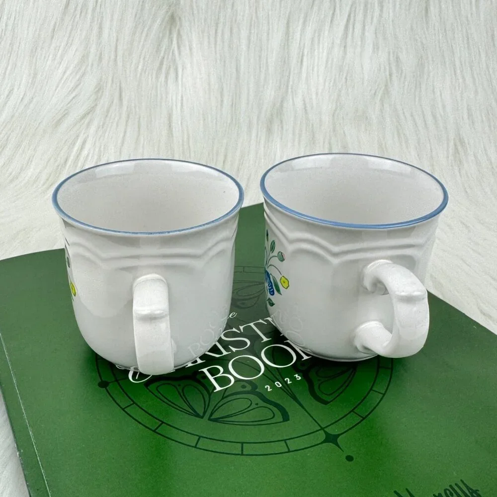 Set of 2 Vintage Floral Expressions Stoneware Coffee Mugs Tea Cups Japan Flower